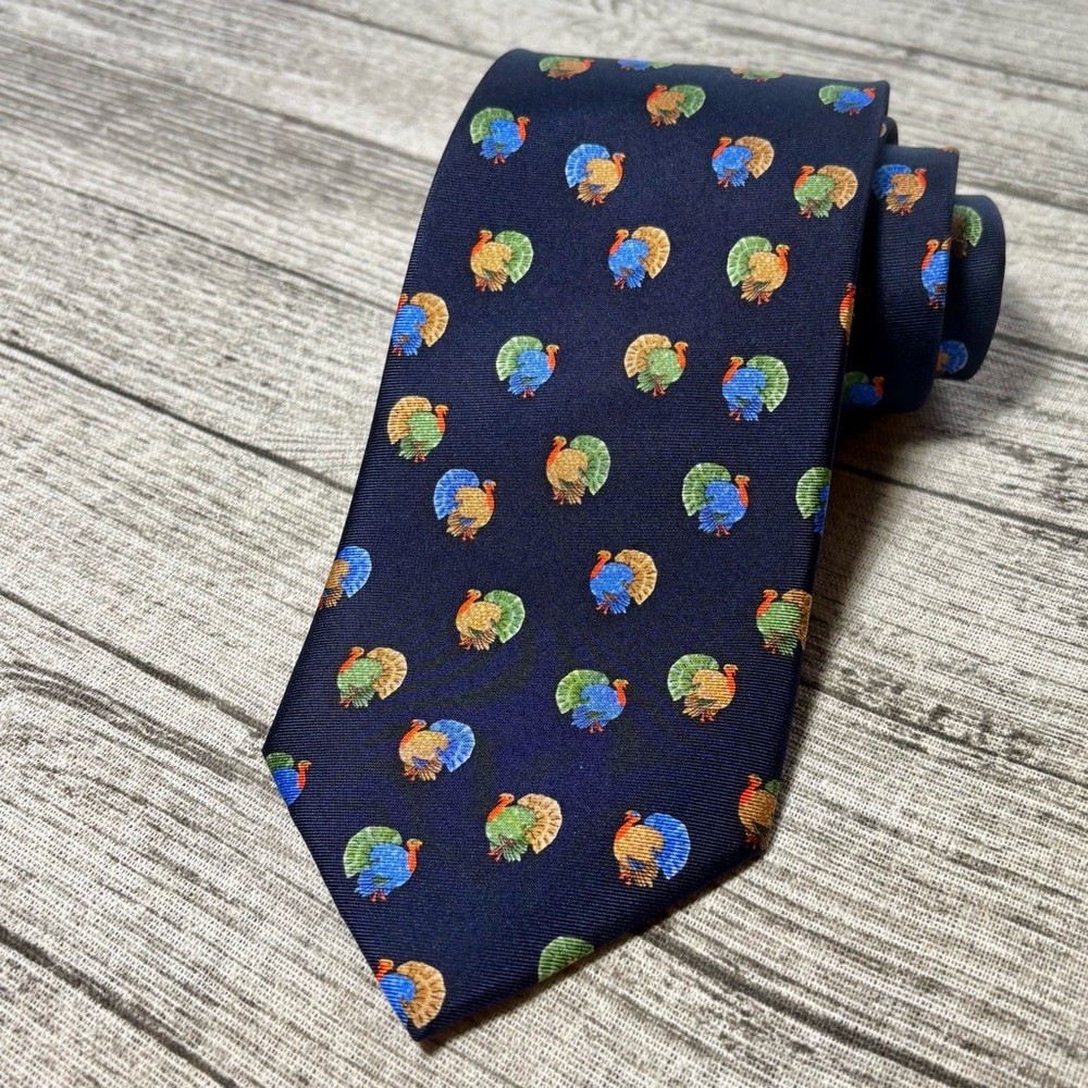 Thanksgiving “Turkey” tie. Multi-colored Turkeys on Dark Blue 100% Silk.